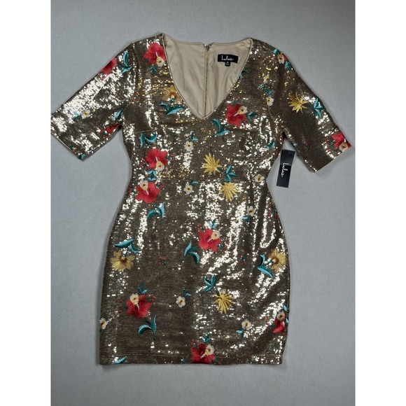 New Lulus Let It Shine Gold Floral Embroidered Sequin Bodycon Dress Sz M NWT‎ - Picture 1 of 9